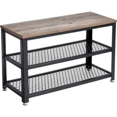 an industrial style coffee table with two shelves