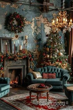 a living room decorated for christmas with blue couches and green chairs, red rugs and wreaths on the wall