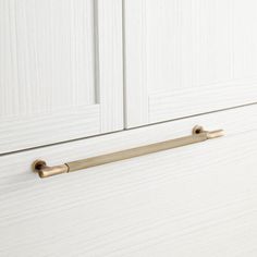 an image of a door handle on the front of a white cabinet with wood grained doors