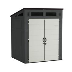 an outdoor storage shed with two doors