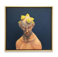 a painting of a man with yellow hair and two balls on his head is shown