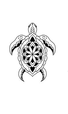 a black and white drawing of a turtle with an intricate design on it's back