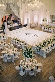 an overhead view of a banquet hall with tables and chairs set up for a formal function