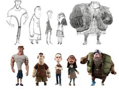 several cartoon characters are standing in front of each other with different facial expressions and body shapes