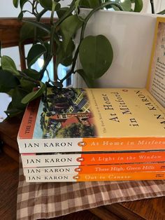 a stack of books sitting on top of a table next to a potted plant