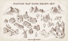 a set of hand drawn houses and windmills on a paper with the words fantasy map drawn