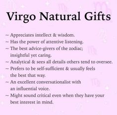 the zodiac sign for virgo natural gifts is shown in black and white on a pink background