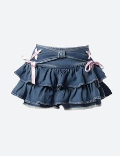 These jeans offer a fresh take on the denim trend with a playful, low-rise waist and flared silhouette. The layered mini design injects a youthful exuberance, while the skort functionality ensures practicality. It's a stylish ode to fun and freedom—ideal for those who dance to their own beat. Denim material Ruffled design Ribbon lace up details at side Denim belt detail at front Distressed detail at shorts Low rise Cotton, polyester Crop Pullover, Trendy Denim, Ruffle Mini Skirt, Corset Bustier, Pink Bows, Mode Inspo, Really Cute Outfits, Women Shirts Blouse, Cute Skirts