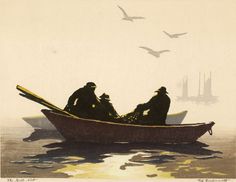 two men in a boat on the water with seagulls flying above them,