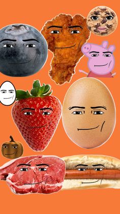 an orange background with many different faces and food items on it, including eggs, meat, fruit, and vegetables