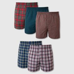 Hanes Men's Classic Plaid Woven Boxer Shorts come in a convenient pack of 5 pairs. With the Comfort Flex waistband, these boxers offer everyday, all day comfort. Hanes Tagless design means no scratchy, irritating tag getting you down. These underwear are made with FreshIQ advanced odor protection technology that fights odor-causing bacteria found in your clothes - keeping you feeling fresh throughout the day. Offered in assorted tartan plaids (colors may vary from those pictured). Available in s Mens Flannel Pajamas, Plaid Boxers, Boxer For Men, Tartan Design, Mens Boxers, Boxer Shorts, Athletic Pants, Tartan Plaid, Red Brown