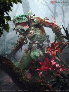 a character from the video game monster hunter is walking through some plants and flowers in front of him