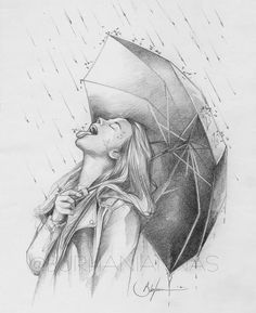 a pencil drawing of a woman holding an umbrella in the rain with her eyes closed