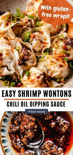 easy shrimp wontons in chili dipping sauce with gluten free wraps