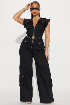 Available In White And Black. Jumpsuit Short Sleeve V Neck Front Zipper Cargo Wide Leg Non Stretch Inseam= 33" 97% Polyester 3% Spandex Imported | Making Headlines Jumpsuit in Black size Small by Fashion Nova Pro Black Clothing, All Black Everything Outfit, Black Utility Jumpsuit For Workwear, Fitted Black Utility Overalls, Black Fitted Utility Overalls, Fitted Black Jumpsuits And Rompers With Pockets, Black Utility Overall Jumpsuits And Rompers, Black Utility Overalls Romper, Black Utility Overall Jumpsuits