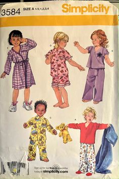 Simplicity sewing pattern 3584 - sleepwear toddler's pajamas / pyjamas & robe size 1/2, 1, 2, 3, 4 uncut and factory folded this pre-owned pattern is in very good condition - envelope does show minor signs of wear please see photos for fabric requirements Toddler Pajamas Boy, Pajamas Pattern, Pajamas Robe, Sew Patterns, Lingerie Patterns, Pajama Pattern, Girls Robes, Toddler Pajamas, Paper Sewing Patterns