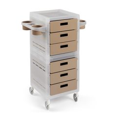 three drawers with wheels on each side and one drawer is open to show the contents