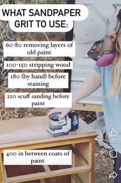 a girl sanding on a table with a sandpaper grit to use instructions below