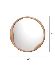 a wooden mirror on a white background with measurements for the size and shape in front of it