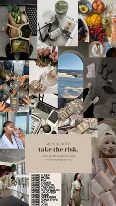 there is a collage of photos with words and pictures on it that say take the risk