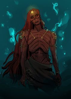 a drawing of a woman with long red hair and skeleton makeup, standing in the water