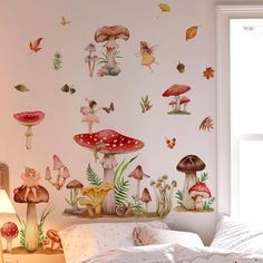 a bedroom with mushrooms and butterflies on the wall