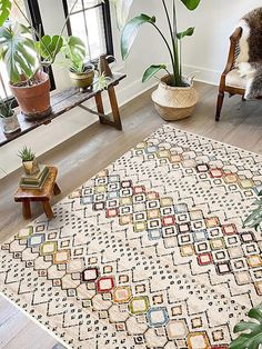 a living room area with a rug, chair and potted plants