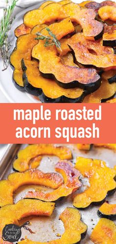 maple roasted acorn squash on a baking sheet with rosemary sprigs in the background