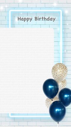 a birthday card with balloons and a white brick wall in the background, there is an empty space for text