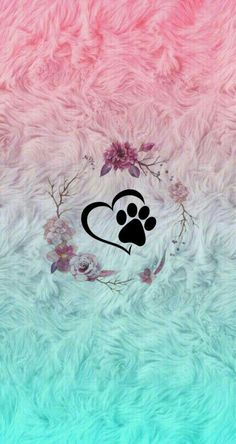 a pink and blue background with a dog's paw on it