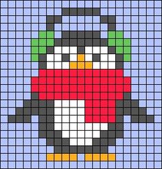 an image of a penguin made out of pixellated squares in blue and red colors