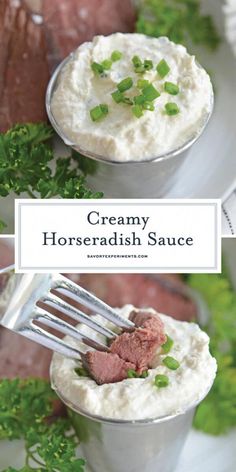 two bowls filled with creamy horseradish sauce on top of a white plate