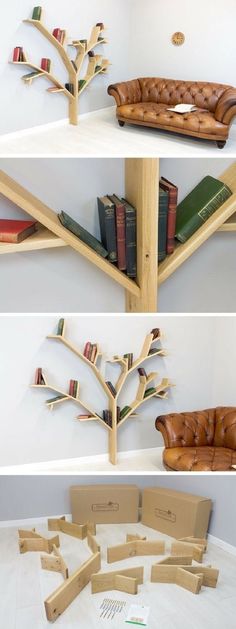 three different views of bookshelves made out of cardboard boxes