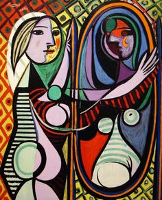 an abstract painting with two women in the mirror