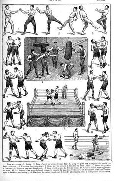 an old black and white drawing shows different positions of boxing