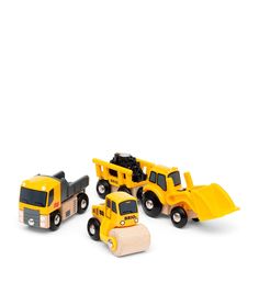 three toy trucks and a bulldozer on a white background