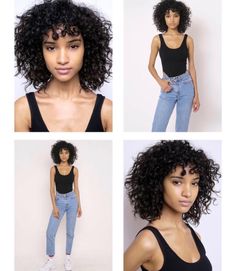 four different pictures of a woman with curly hair wearing jeans and tank top, standing in front of a white background