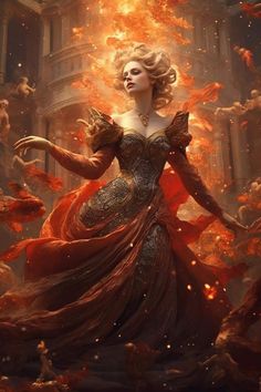 a woman in a red dress surrounded by fire