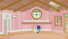 an animated cat and dog in a pink room with two doors, one door open