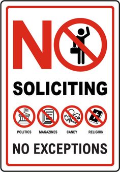 a no soliciting sign is shown in red, white and black with icons