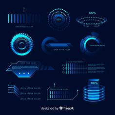 futuristic blue info graphics set with circles and bars on dark background - kosten stock - graffikts und bilder