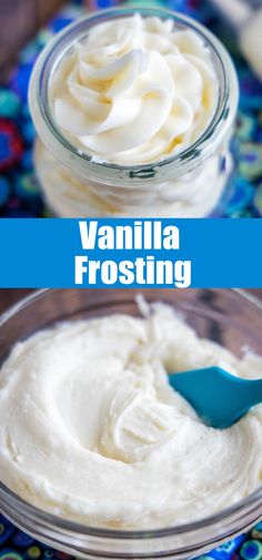 vanilla frosting in a glass bowl with a spoon