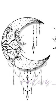 a drawing of a crescent with beads hanging from it's side and the moon in the background