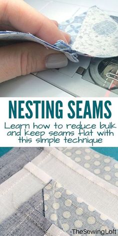 someone is cutting fabric with scissors on top of the sewing machine and text reads nesting seams learn how to reduce bulk and keep