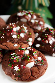 chocolate cookies with white and green sprinkles on a plate