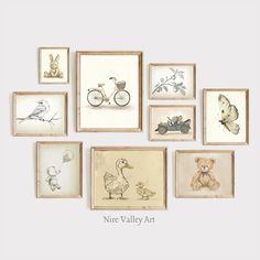 nine framed drawings of animals and birds on white paper with the words nure valley art above them