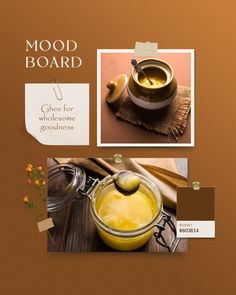 an advertisement for mood board with pictures of food and drinks on the table next to it