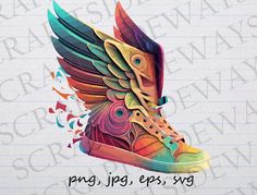 a drawing of a shoe with colorful wings on it's side and the words, pu