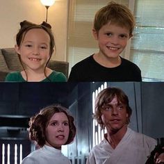 three different pictures of the same person in star wars, and one is smiling at someone