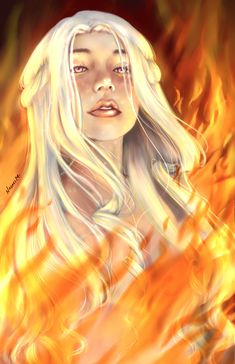 a drawing of a woman with long blonde hair and blue eyes in front of fire